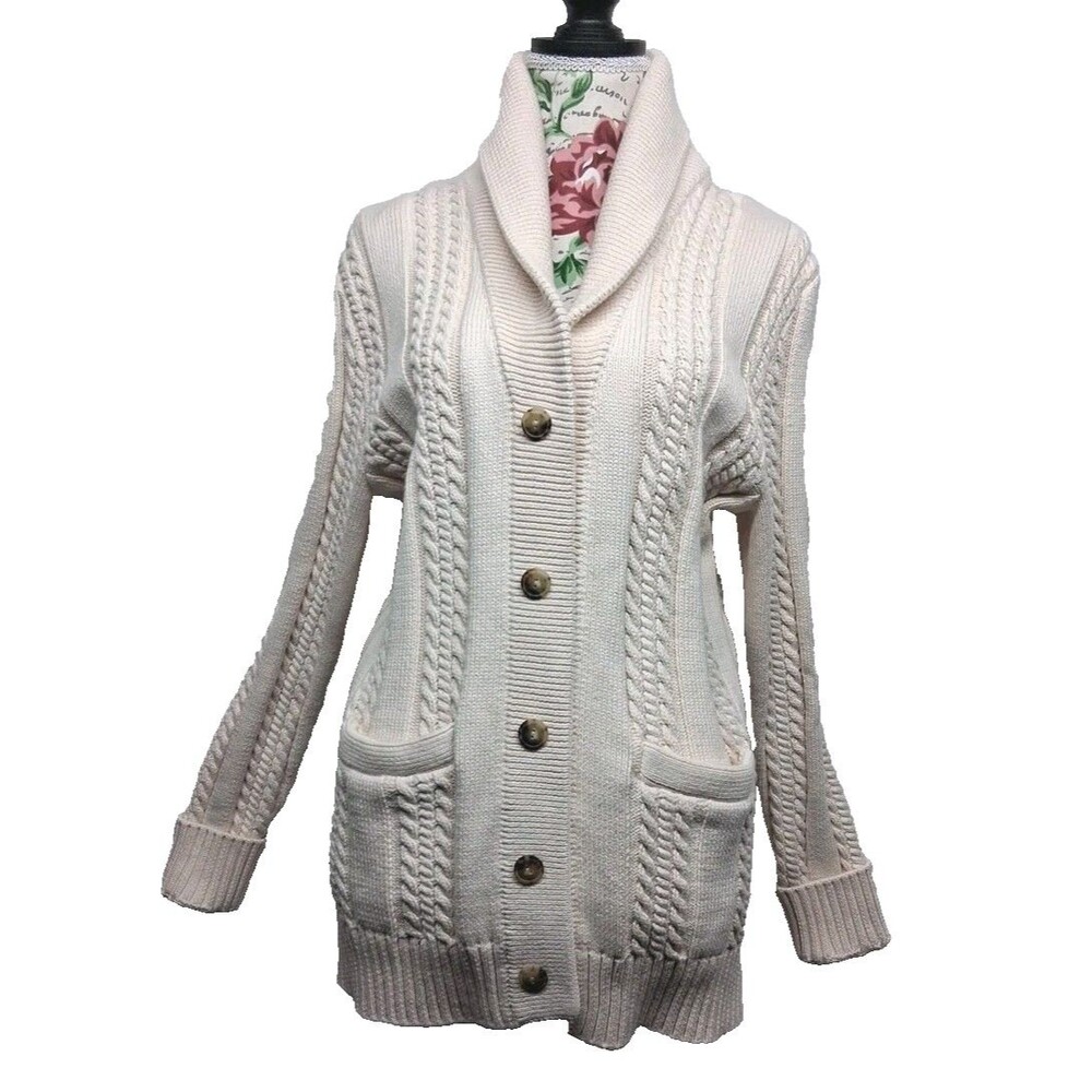 J. Crew Women M Cream Cardigan Sweater Chunky Knit Pockets Sustainable Academia